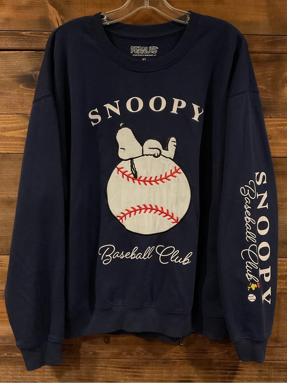 Peanuts Navy Snoopy Baseball Club Crewneck Sweatshirt Women’s XLarge Embroidered
